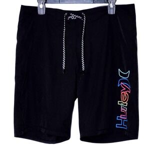 Hurley Lightweight Board Shorts Mens 34 Black Swim Trunks Rainbow Logo Spell Out